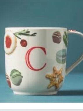 Anthropologie Initial 'C' Ceramic Mug with Festive Cookie Design - White/Red NEW